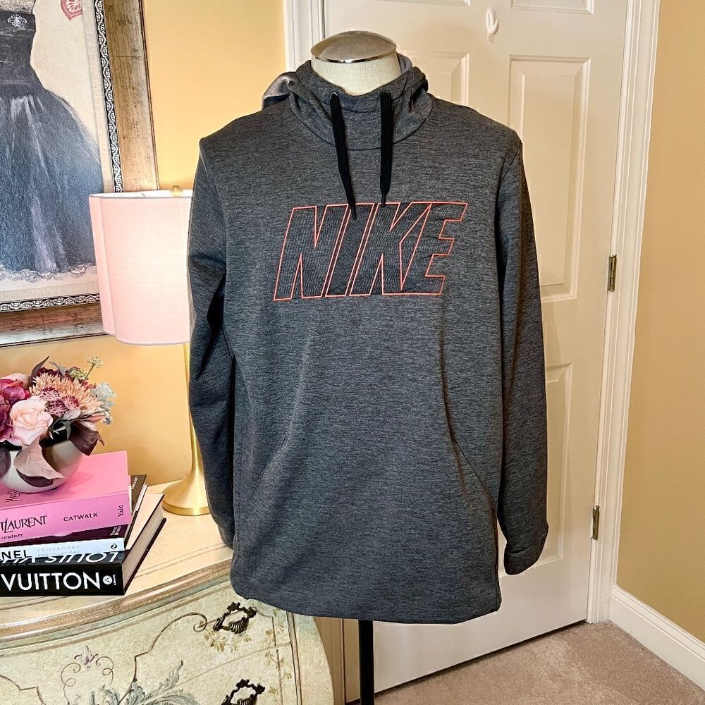 EUC Men's Nike Pullover Logo Dri-Fit Hoodie Gray Orange Size LARGE